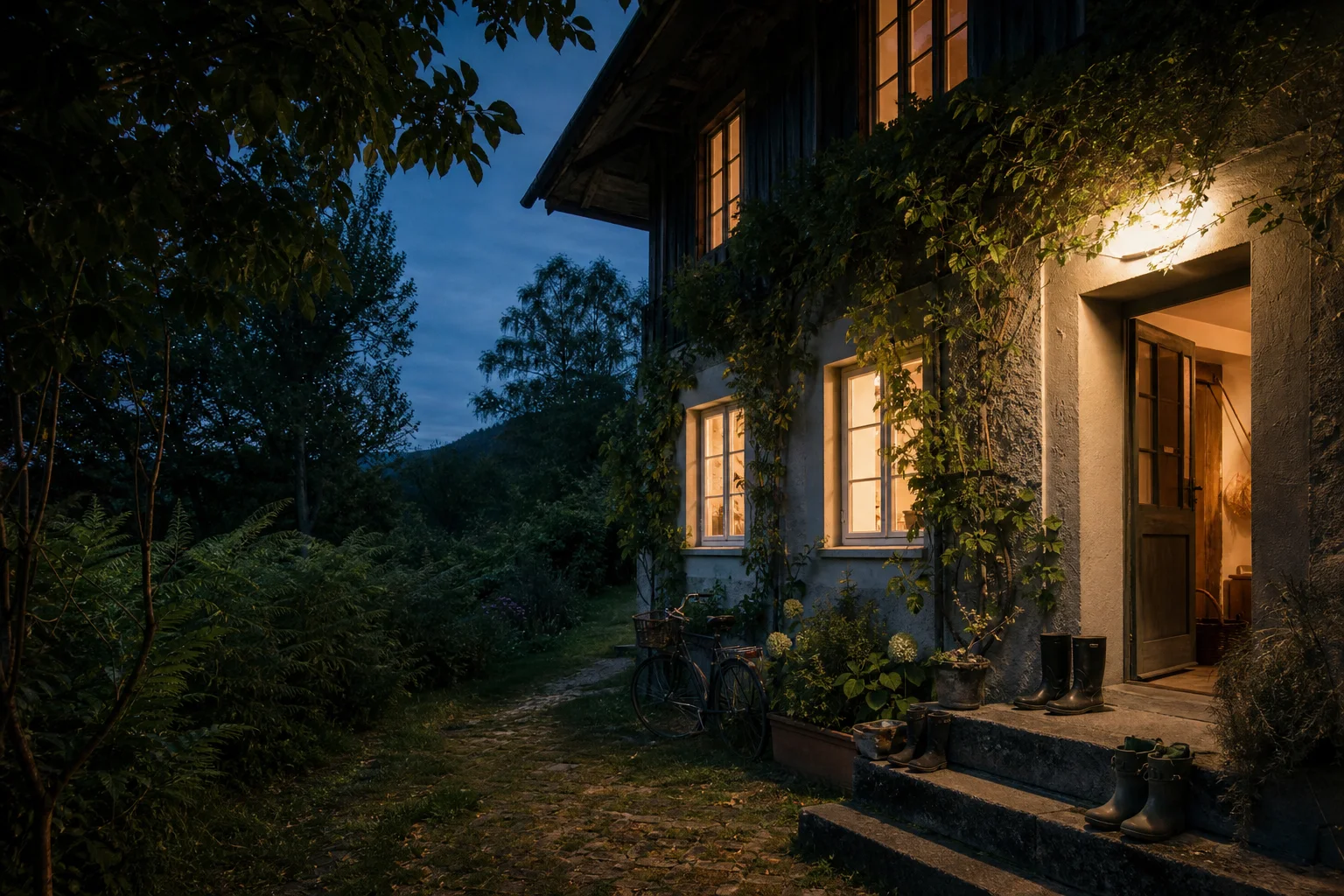 Ein gemeinsam genutztes Landhaus mit warm erleuchteten Fenstern am Abend